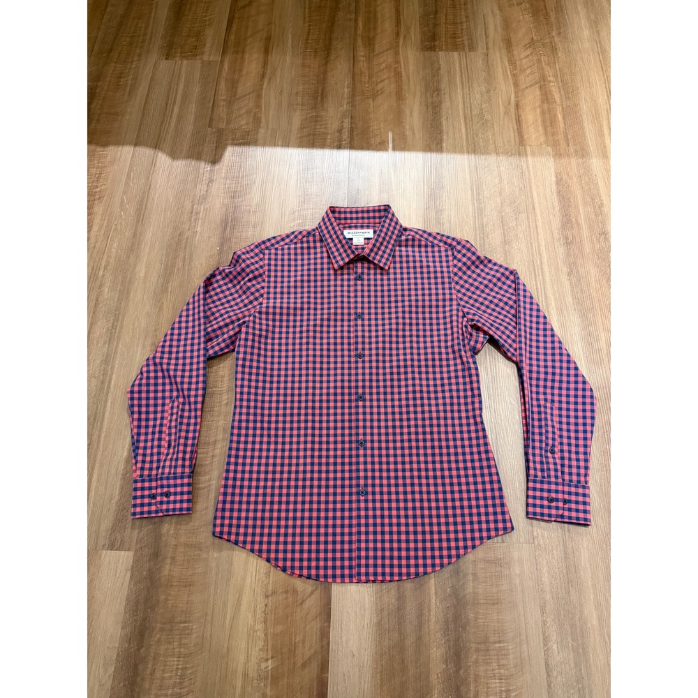 Mizzen+Main Dress Shirt Mens M Red Navy Gingham Trim Fit No Tuck LEES2063003